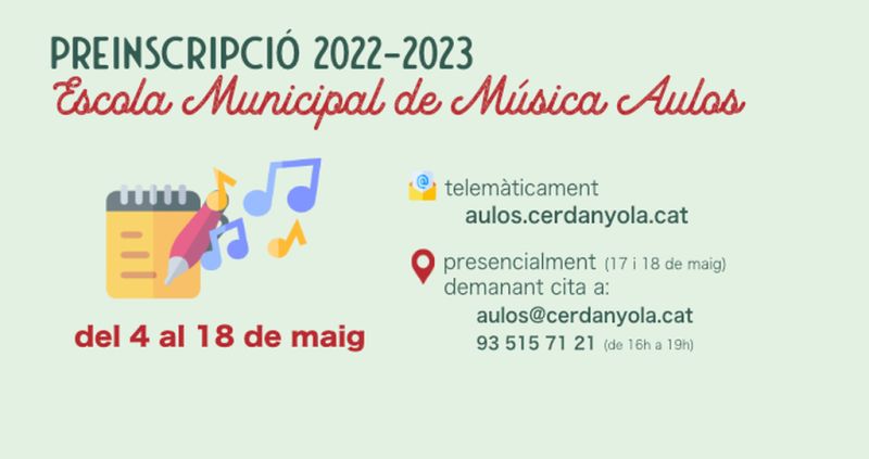 Oberta la preinscripció per al curs 2022-2023 a l’Escola Municipal de Música Aulos